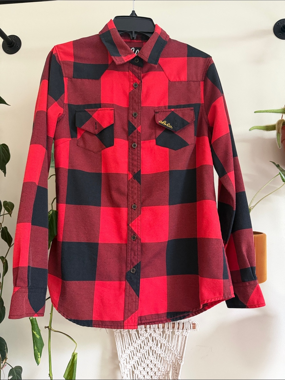Lola Clothing Co Buffalo Plaid Western Flannel Shirt Red Black Moto | Size M
